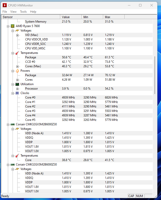 ThomasRozema1's tweet photo. @AMDRyzen  and @ASRockInfo , So either my B650E PG Riptide wifi managed to get my Ryzen 5 7600 near 7GHz or Hardware monitor is broken. I'm guessing the second one or should I go and check my bios before I fry my cpu? https://t.co/eGIROeRXcR