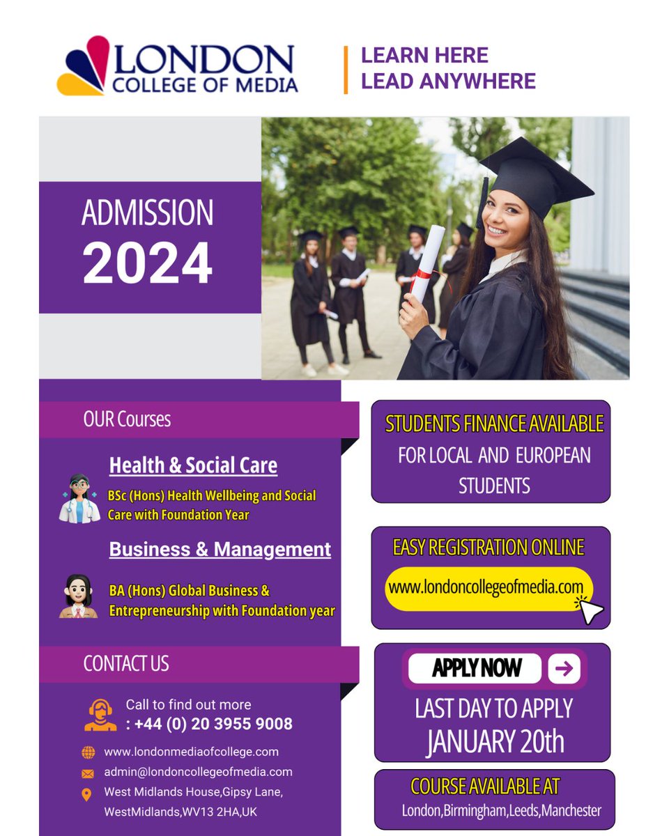 🚀 Ready to level up at London College of Media? Dive into BSc (Hons) Health Wellbeing &amp; Social Care and BA (Hons) Global Business &amp; Entrepreneurship! 💡 Apply today at londoncollegeofmedia.com. 💰 STUDENTS FINANCE available. Deadline: Jan 20th. 🌐 Your academic  starts here! ✨
