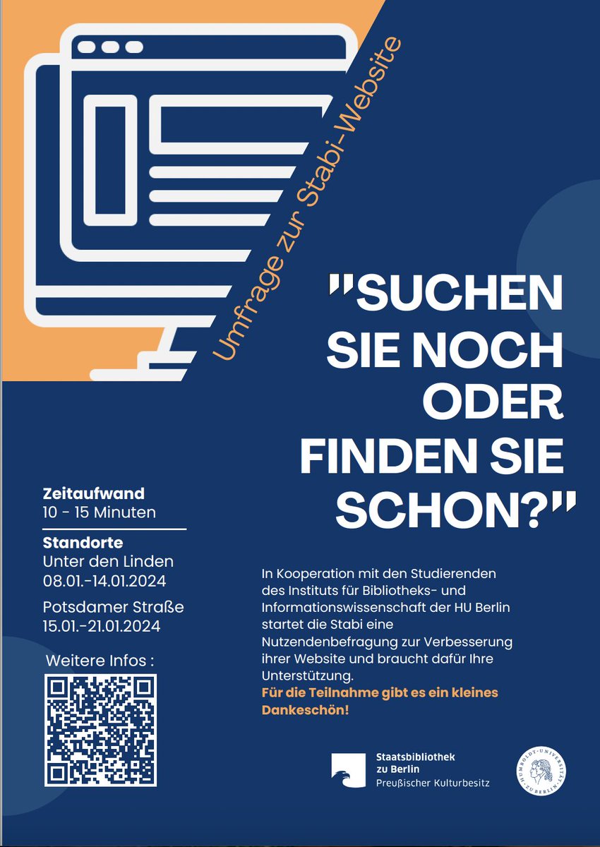 Nur noch einmal schlafen, vom 08.01. - 20.01. führen wir in der <a href="/stabiberlin/">Staatsbibliothek zu Berlin</a> eine kleine Umfrage zur Nutzung der Website durch und brauchen euer Feedback! Kommt vorbei und erhaltet für die Teilnahme ein kleines Dankeschön! 
Die Termine findet ihr hier: ibi.hu-berlin.de/de/studium/stu…
