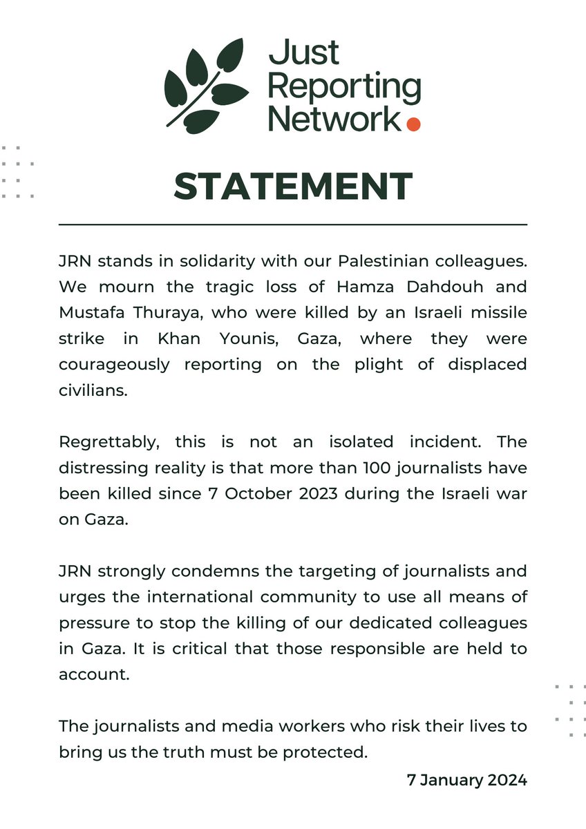 JustReportingN's tweet photo. JRN stands united with our Palestinian colleagues, grieving the loss of Hamza Dahdouh and Mustafa Thuraya. JRN strongly condemns the targeting of our colleagues covering the Israeli war on Gaza. https://t.co/F20XJEEufk