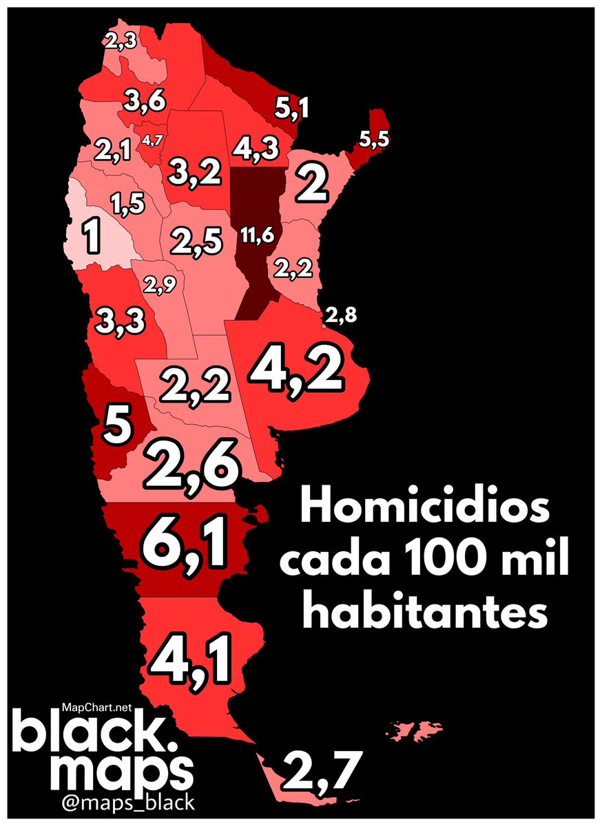 maps_black's tweet photo. Homicid cada 100 mil habitantes por provincia 🇦🇷 https://t.co/Iu6tIxMnuw