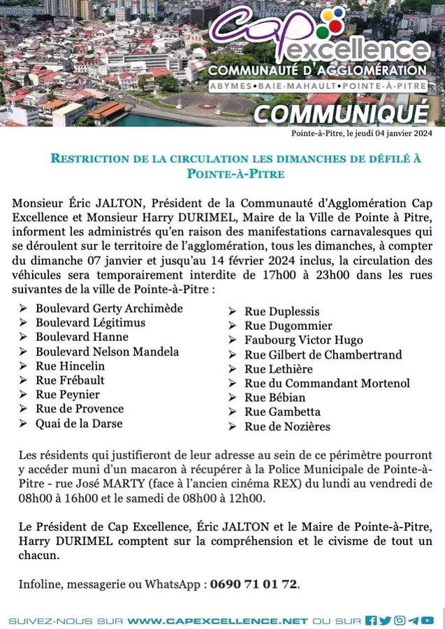 HDurimel's tweet photo. 🟢 Communiqué / Restriction de circulation les dimanches de défilé à Pointe-à-Pitre.
#lavilledepointeapitre #DéfiléCarnavalesquel #Lapwent #RestrictionDeCirculation https://t.co/vez11FMOJG