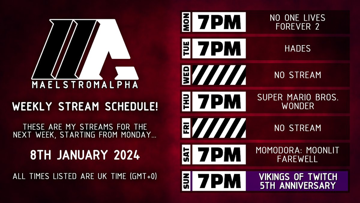 MaelstromALPHA's tweet photo. Here is my streaming schedule for next week! 2nd week back after new year and it's a busy one! Time to celebrate the VoT 5th anniversary!

#NOLF2, #HADES, #SuperMarioBrosWonder, #Momodora, #VikingsofTwitch

Come watch me live on #Twitch! @ https://t.co/BxdXuNqsYi https://t.co/9k93a2OK0I