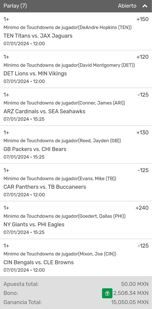 maeparlays's tweet photo. #Parlay de solo Anotadores, 
Difícil si, imposible casi casi, pero con la fe intacta de que se puede dar venga!!!! 

$50 pesitos para $15,000 suena excelente vamos con toda la fe puesta en estos #Touchdwons 

#Maeparlays 🪬🪬🪬 https://t.co/4FIl6FrPLT