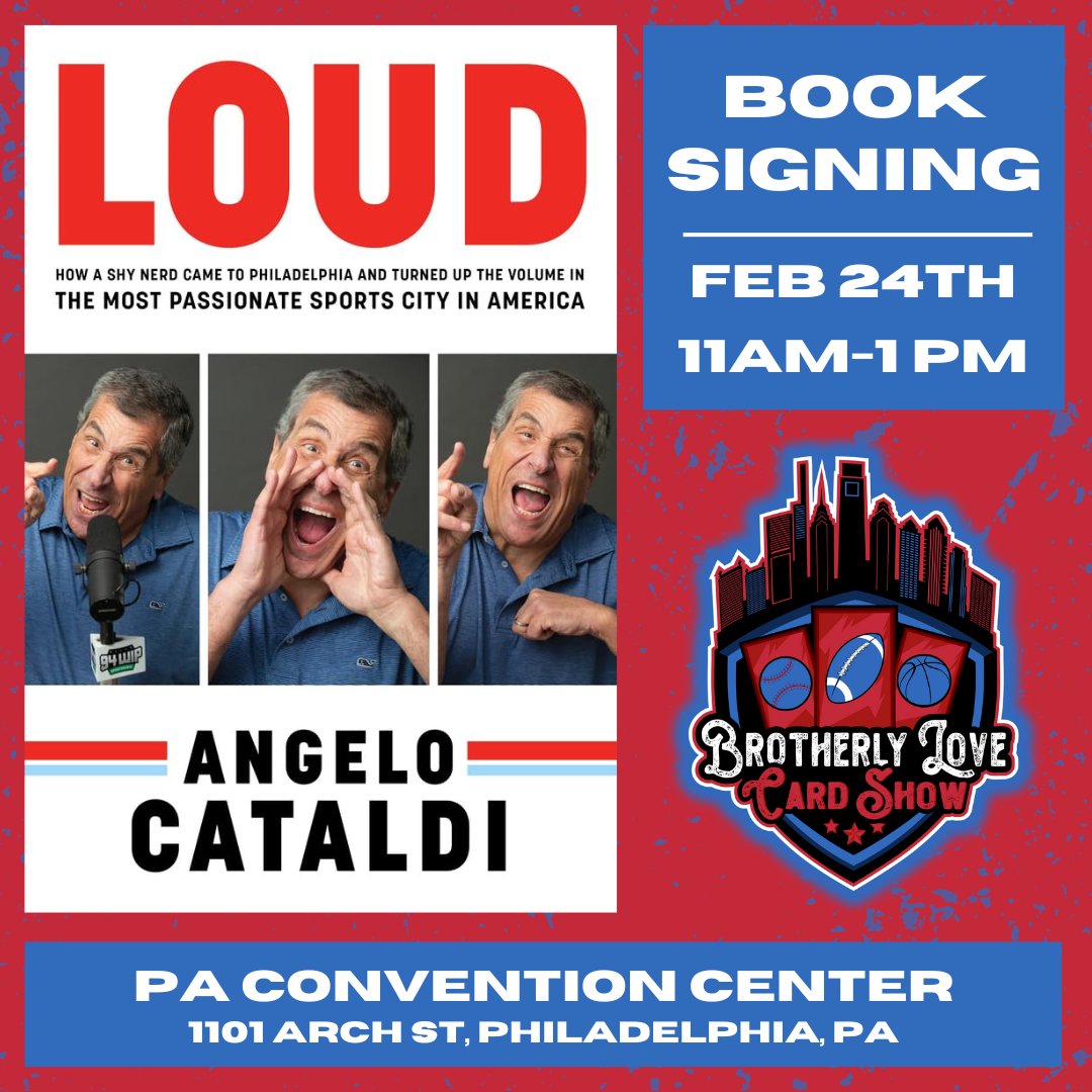 brotherlylovecs's tweet photo. We are extremely excited to announce legendary Philly sports talk radio personality Angelo Cataldi will be signing copies of his new book ‘LOUD’ at the Brotherly Love Card Show on Saturday February 24th! Angelo will be signing from 11am-1pm. Books can purchased at his table! https://t.co/rAMMs9PLoM