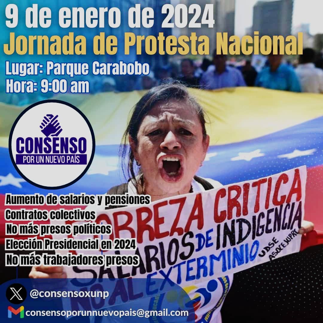 Este 9 de Enero estaremos acompañando y apoyando la Gran Jornada de Protesta Nacional. En Caracas: Parque Carabobo. Hora 9:00 am. 
#El9PaLaCalle