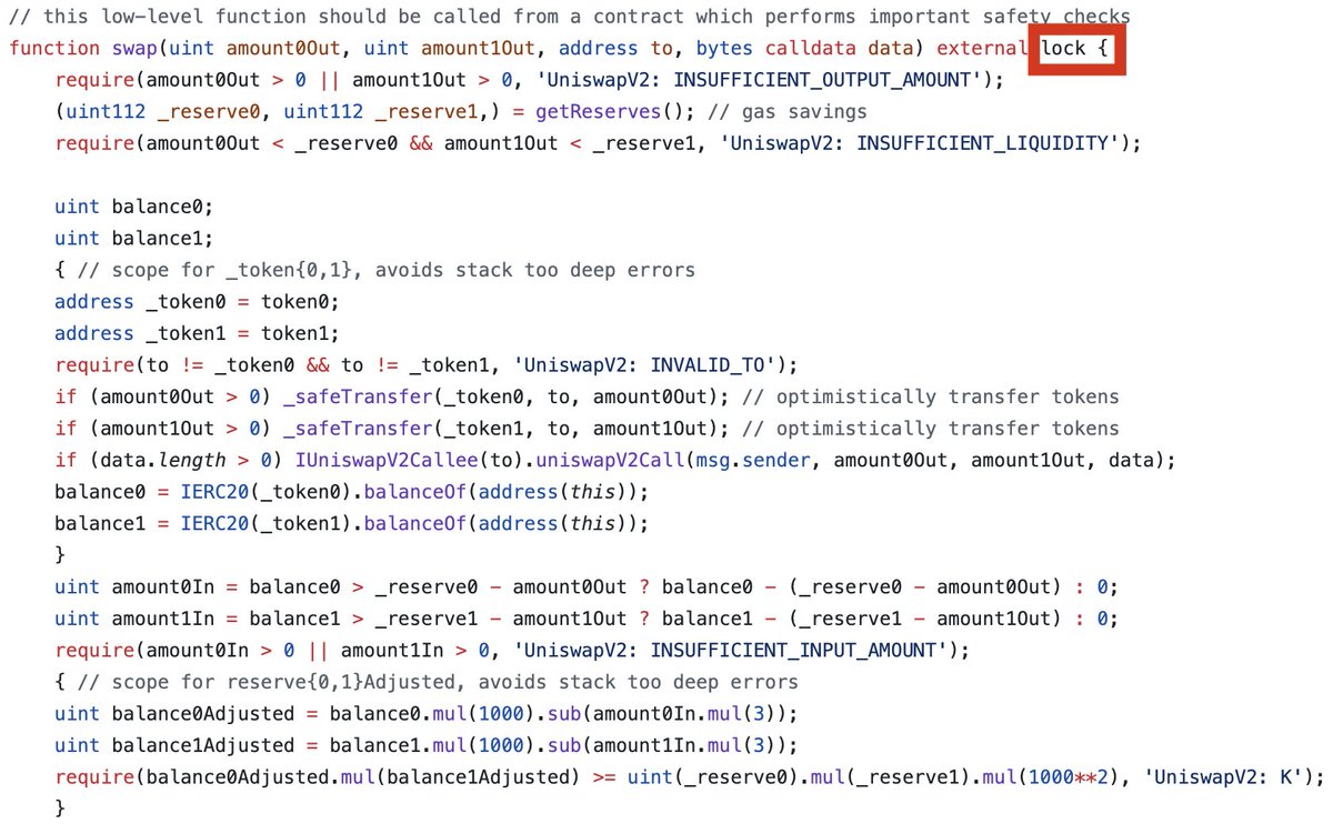 0xCharlesWang's tweet photo. The most interesting and unique issue for transfer-tax tokens:

As we all know, most transfer-tax tokens implement a mechanism to auto-add liquidity and auto-swap tokens, during the internal _transfer. 

Have you realized that these auto methods are not executed when the from address is the pair? For example, during a purchase transaction.

Well, there is a pretty cool explanation for this, let's consider the buy flow to understand it:

Buy Transaction in AMM Pairs:

The transaction starts with a user sending a base token (like USDC) to the pair (lets call it TAX/USDC Pair). The .swap function in the pair is then triggered. This function, as part of its logic, optimistically transfers the TaxToken (or any other token involved in the swap) to the recipient. 
If the TaxToken contract has an auto-swap or auto-liquidity feature implemented in its _transfer function, and this feature is triggered during the transfer to the recipient, it would attempt to interact with the pair again (to swap TaxToken for another token, like USDC, as part of adding liquidity or swapping for another purpose).

However, since the original .swap call from the pair is still in progress, the pair contract typically employs a lock mechanism for safety reasons. This is a critical security measure to prevent issues like reentrancy attacks.

As a result of this reentrancy protection, if the TaxToken's auto-swap feature attempts to call the pair's swap function again, it will be reverted due to the ongoing execution of the initial swap. This leads to a situation where neither the initial swap nor the auto-swap can complete successfully, causing the whole transaction to fail.

To avoid such issues, it's important to design the token contract in a way that it does not trigger auto-swap or auto-liquidity features when the token is being transferred as part of the pair's .swap execution, respectively just check if the from address is the pair. This is why the _transfer function in the contract likely checks if the from address is a market pair and, if so, avoids executing the auto-swap logic.

Comment if you would like me to do more such content 🧵