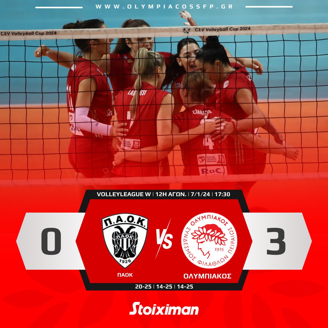 OlympiacosSFP's tweet photo. Ο Ολυμπιακός νίκησε με 3-0 σετ τον ΠΑΟΚ, εκτός έδρας, για την 12η Αγωνιστική της Volleyleague Γυναικών.
#osfp #Olympiacos #OlympiacosSFP #Volleyball #VolleyleagueW #VolleyballWomen https://t.co/jKJWGMZqUa