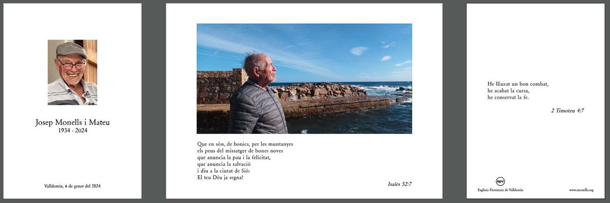 marcmonells's tweet photo. Molt agraïts a tots els que ens vau acompanyar amb missatges, a la vetlla i la cerimònia de comiat del pare 😘 

Gràcies, Josep Monells pel teu testimoni i la gran petjada que has deixat en moltes persones

@carlesarmengol @josepmvalles @jjcortesgarcia 
A @esglesia Protestant VDX https://t.co/HtINDDjvZ8