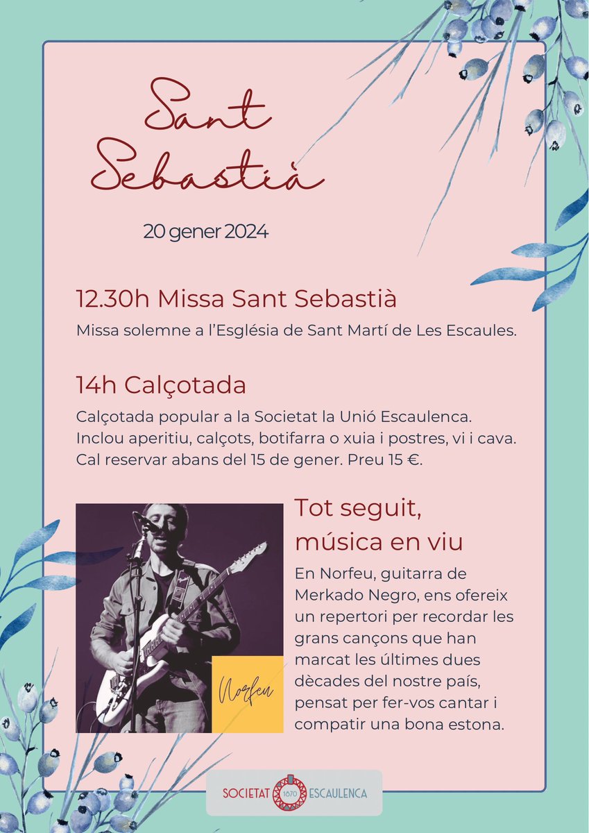 escaulenca's tweet photo. El proper 20 de gener celebrarem Sant Sebastià, amb una missa, calçotada i música en viu. Cal reservar abans del 15 de gener al Cafè o al grup de whatsapp de la Societat.
Us hi esperem!

#santsebastià #calçotada #fempoble #LesEscaules #Empordà #somateneu https://t.co/OeuFzPEoSX