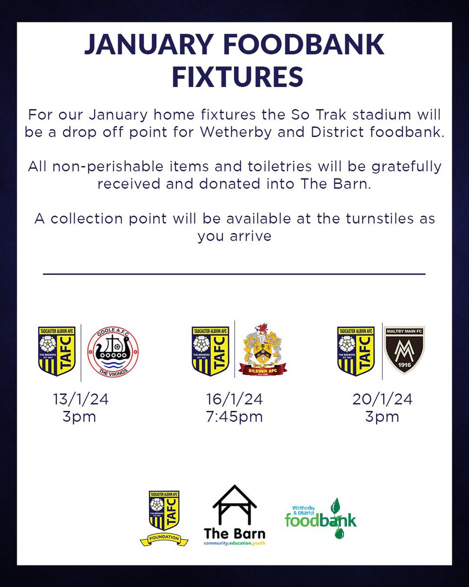 Tadcaster Albion (@tadcasteralbion) on Twitter photo JANUARY FOODBANK FIXTURES
Help make a difference and bring along donations to the <a href="/WBYFoodbank/">Wetherby & District Foodbank</a> at the home fixtures listed
Please show your support ๐๐ผ JANUARY FOODBANK FIXTURES
Help make a difference and bring along donations to the <a href="/WBYFoodbank/">Wetherby & District Foodbank</a> at the home fixtures listed
Please show your support ๐๐ผ