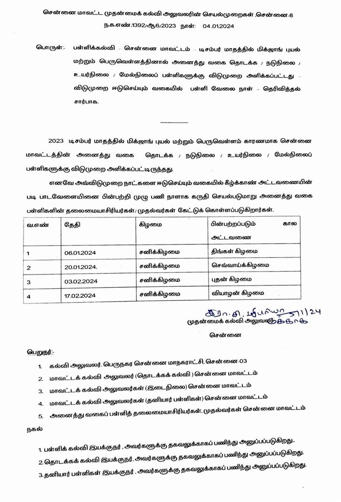 To compensate rain holidays declared due to #MICHAUNG Cyclone in #Chennai District, School Education Department announced working days on Saturdays with the working days #Timetable