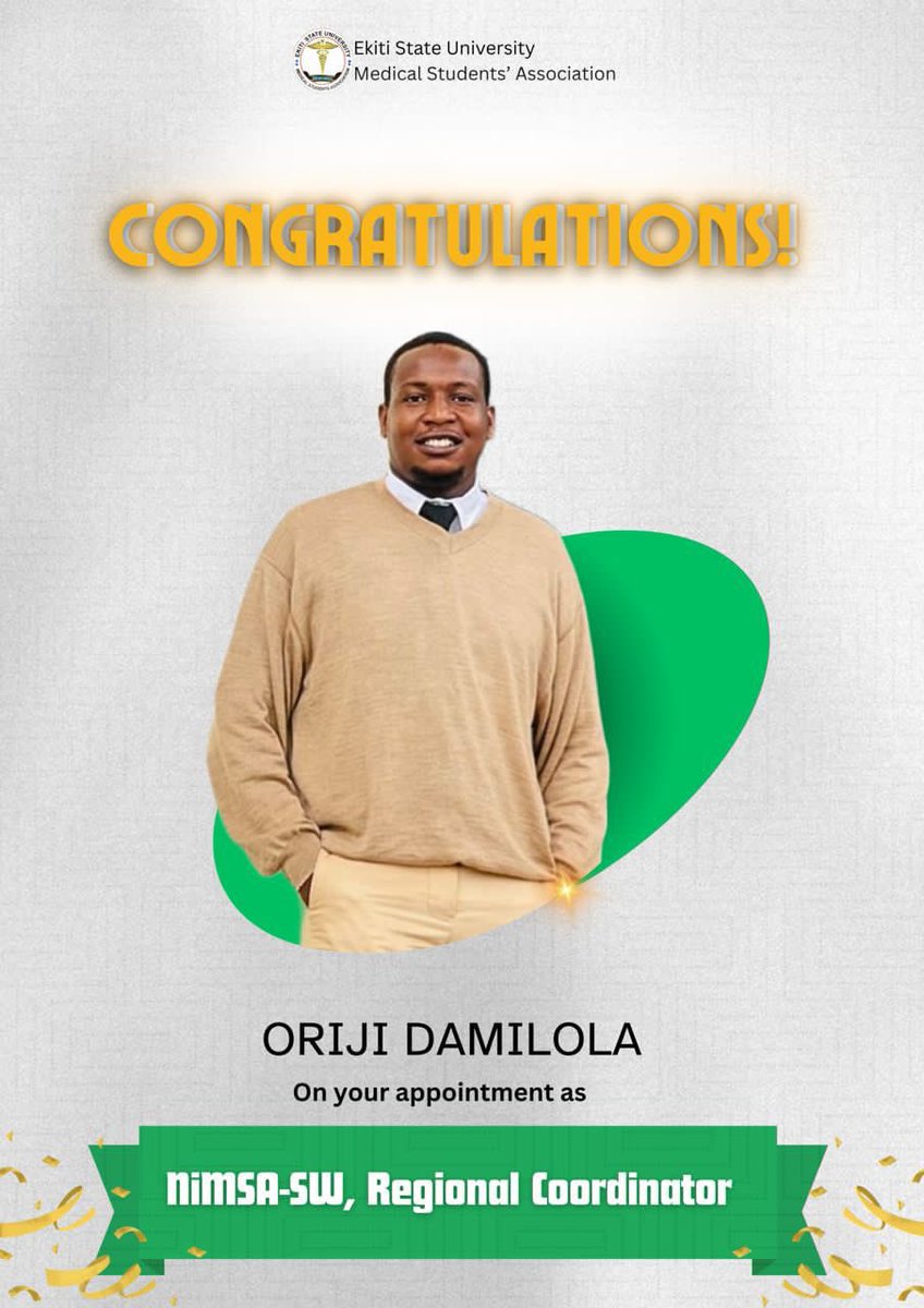 DanielOlusade's tweet photo. Congratulations Comr. Oriji Damilola on your Appointment as the Regional Coordinator, South-West, NiMSA. 💚🇳🇬
Big Congratulations to #EKSUMSA https://t.co/vxwjWx1DsX