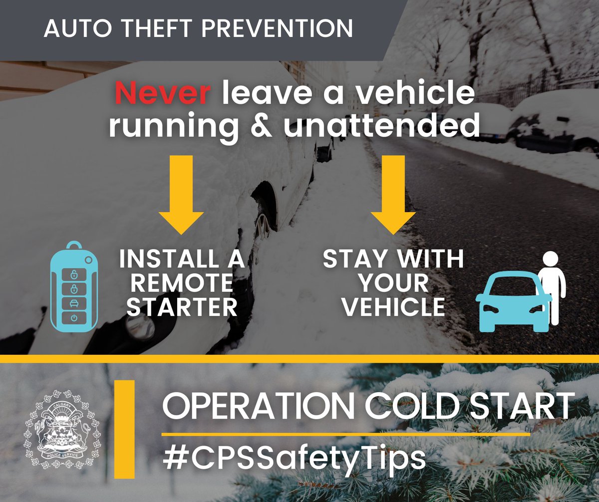 CalgaryPolice's tweet photo. ❄ January temperatures are starting to drop & we want to remind Calgarians to keep their vehicles secure while warming up to prevent opportunities for auto theft.
#OperationColdStart #CPSSafetyTips https://t.co/d3pMQN61AU