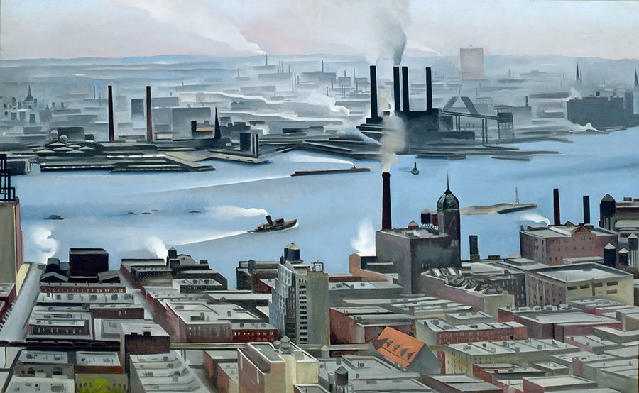 Horizontal painting of industrial landscape surrounding the blue waters of the East River. The river, on which a boat is visible, bisects the scene horizontally. In the foreground, several buildings line the various streets that lead to the riverbank. On the opposite side of the river, smokestacks rise above factories billowing grey and white smoke.