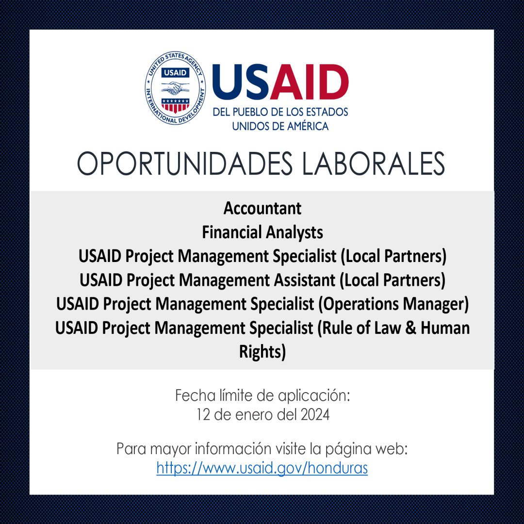 usembassyhn's tweet image. ¡Únete a nuestro equipo! 
 
La Agencia de los Estados Unidos para el Desarrollo Internacional (USAID Honduras) tiene vacantes disponibles. Ingresa al siguiente enlace para leer los requisitos e instrucciones para aplicar: lnkd.in/d7XmsJv