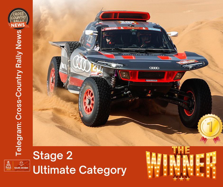 Etapa 2 (Ultimate)
1. Peterhansel/Boulanger (Audi)
2. Loeb/Lurquin (Prodrive) +0:29
3. Quintero/Zenz (Toyota) +3:11

Clasificación General (Ultimate)
1. Sainz/Cruz (Audi)
2. Al-Rajhi/Gottschalk (Toyota) +1:51
3. Loeb/Lurquin (Prodrive) +4:17

* - resultados provisionales