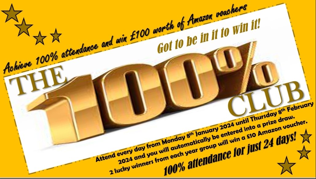 The 100% Club starts tomorrow @ygtredegarcs Please RT <a href="/YGT_Mr_Howells/">Mr Howells</a> <a href="/Mrsgreen_tsc/">Mrs Green</a> @Year8_YGTCS <a href="/hofartdt/">Mrs L Greenway _tcsart_expressivearts</a> <a href="/bray_maths/">Miss Bray</a> <a href="/MissG_Carson/">Miss Carson</a> <a href="/mrs_ecm/">ECM</a> <a href="/mrsjdamato/">Mrs D'Amato</a> <a href="/PEatTCS/">Mrs Ruttley</a> <a href="/MathsTredegar/">Tredegar Maths</a> <a href="/RoJoMaths/">RoJo Maths</a> <a href="/YGTCSHafan/">Mrs S Jones</a> <a href="/YgtcsAB/">YGTCSBusinessDept</a> <a href="/OutdoorsYGTCS/">Outdoor Learning YGTCS</a> <a href="/GeographyTCS/">Geography Dept YGTCS</a> <a href="/HistoryTCS/">History at YGTCS</a> <a href="/TredegarEnglish/">YGTCS English Department</a> <a href="/Science_TCS/">Science & Engineering at YGTCS</a>