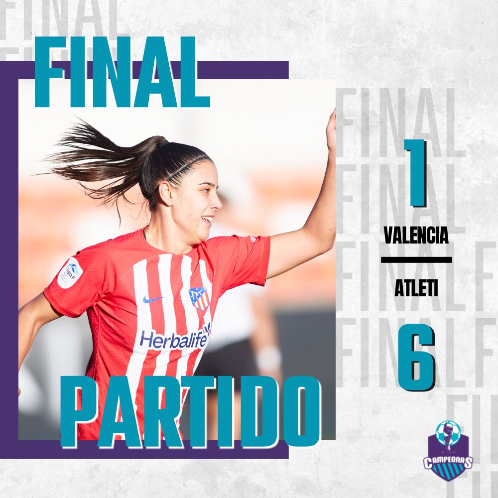 ¡𝗚𝗢𝗟𝗘𝗔𝗗𝗔 𝗔𝗧𝗟É𝗧𝗜𝗖𝗔!

𝗥𝗘𝗦𝗨𝗟𝗧𝗔𝗗𝗢. Valencia 1-6 Atleti

Con un poker de goles de Sheila Guijarro, uno de Eva Navarro y otro de Gaby Garcia aplastaron a un Valencia que nunca reaccionó en el partido.

#WeAreCampeonas | #LigaF