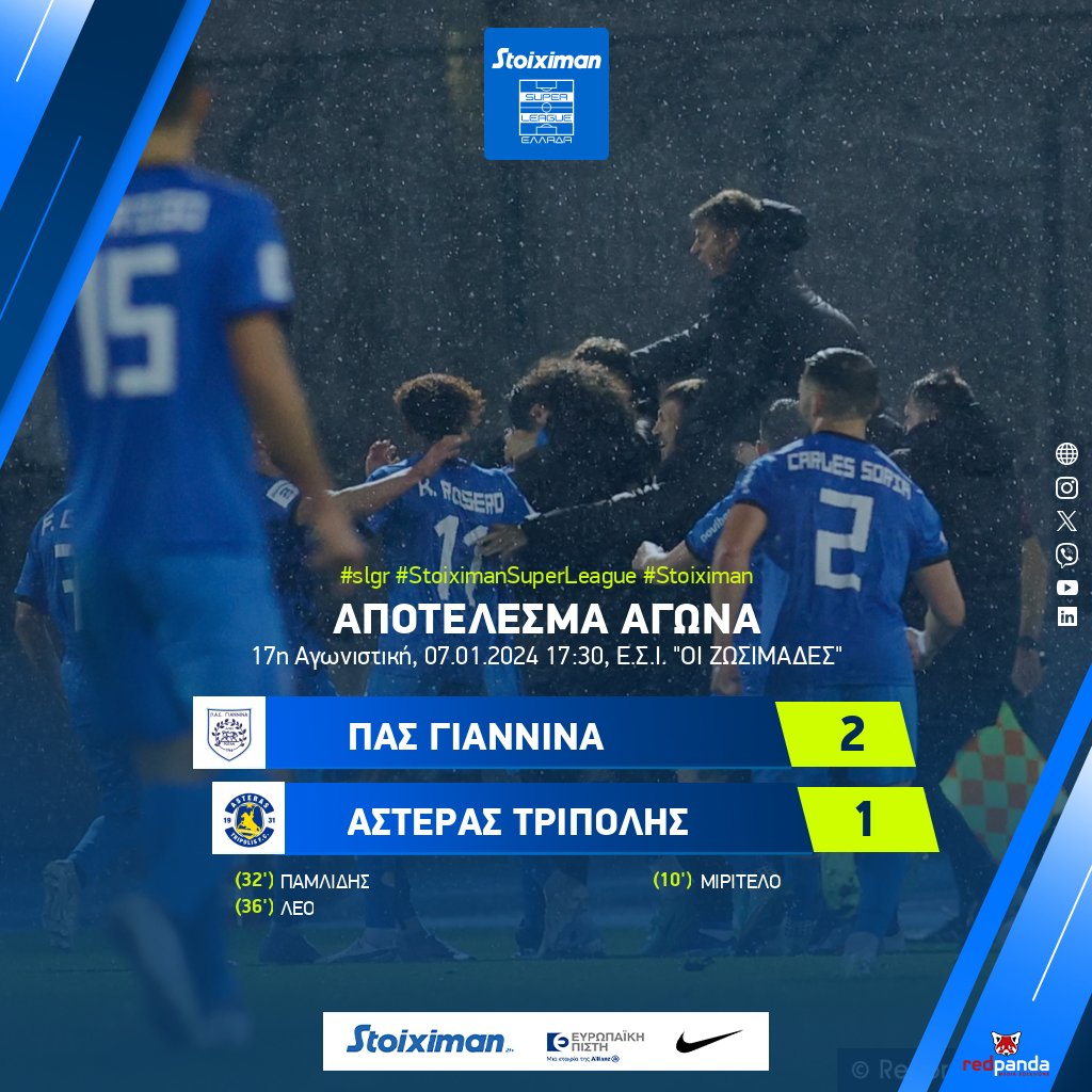 Super_League_GR's tweet photo. Αποτέλεσμα αγώνα, ΠΑΣ Γιάννινα - Αστέρας Τρίπολης 2-1.
➡️https://t.co/IM8Vmu9tTL 

#slgr #StoiximanSuperLeague #matchday17 #pasast #PASGiannina #AsterasTripolisfc #Stoiximan #Football https://t.co/aFxyEQd5yQ