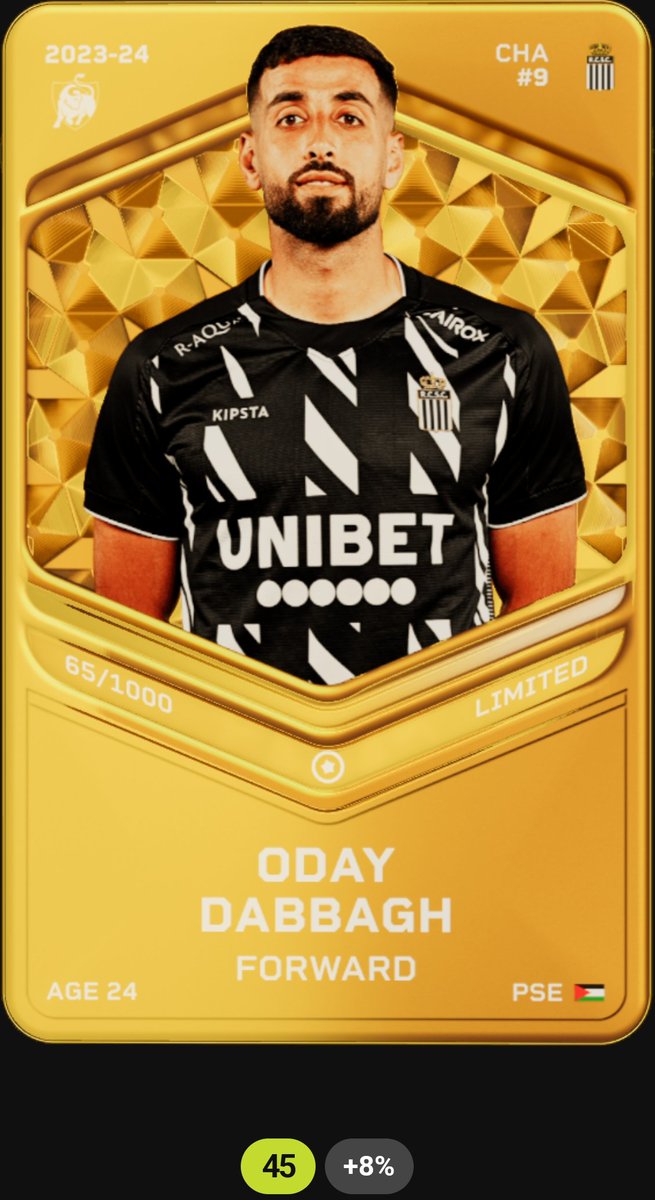 🎁 Oday Dabbagh 🟡🎁 Attaquant Palestinien de 25 ans évoluant a Charleroi en Belgique. L5-39 / L15-45 au top pour la cap240 Prix du marché actuel 0,0008ETH Pour entrer dans le tirage au sort, un Repost et un follow. Tirage jeudi 11/01 a 20h #Giveaway #Sorare