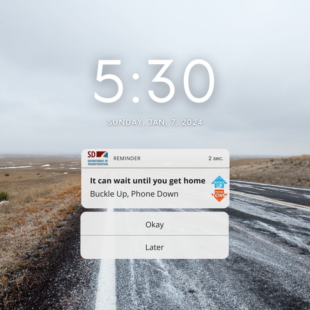 SouthDakotaDOT's tweet photo. Distracted driving is a major cause of crashes, not only in South Dakota, but in the entire United States. 
 
Your loved ones want you home safe and sound. #BuckleUpPhoneDown for them!

#SDDOT #SD511 https://t.co/zlqaR1lLI9