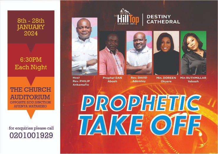 Thehilltopint's tweet photo. We take flight into 2024 with our annual 21 days prayer and fasting program, PROPHETIC TAKEOFF!! It’s going to be a moment of intense prayer, worship, prophecy and above all an encounter with Elohim.
#TheHillTopChurch
#YearofRelease https://t.co/ha3axL2OYb