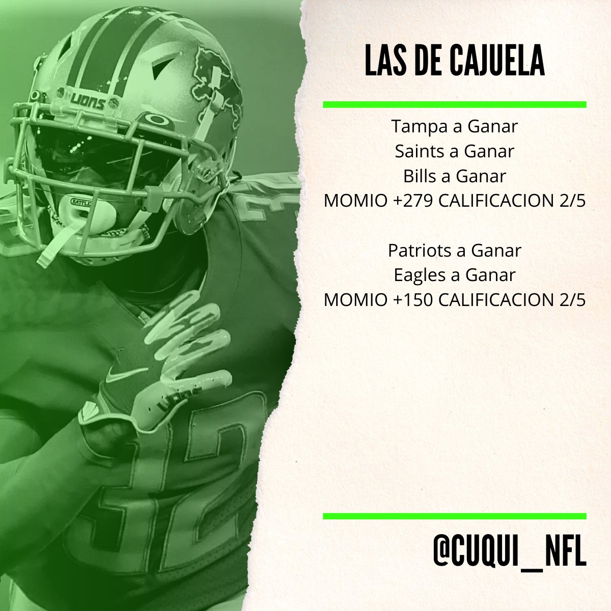 Cuqui_NFL's tweet photo. LA CASA CON LA JEFA ADENTRO©️Sale 3/5, metanle la mitad de lo que le meten semana a semana

SEMANA 18 TEMPORADA 2023🏈

Los tickets de cada semana, respetando como siempre nuestra regla, no hay ticket con momio de -125 o peor. https://t.co/Neo7r0nl7S