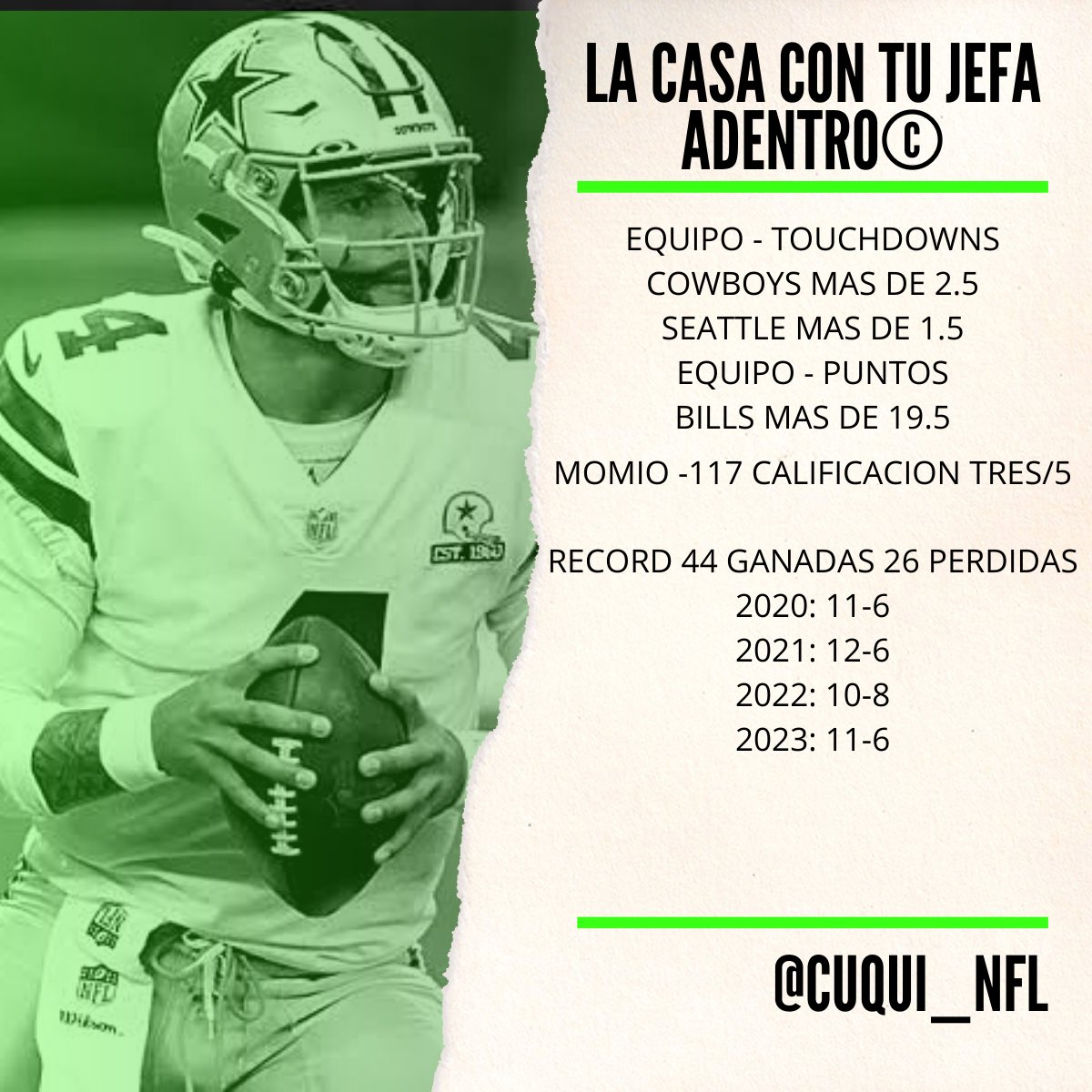 Cuqui_NFL's tweet photo. LA CASA CON LA JEFA ADENTRO©️Sale 3/5, metanle la mitad de lo que le meten semana a semana

SEMANA 18 TEMPORADA 2023🏈

Los tickets de cada semana, respetando como siempre nuestra regla, no hay ticket con momio de -125 o peor. https://t.co/Neo7r0nl7S