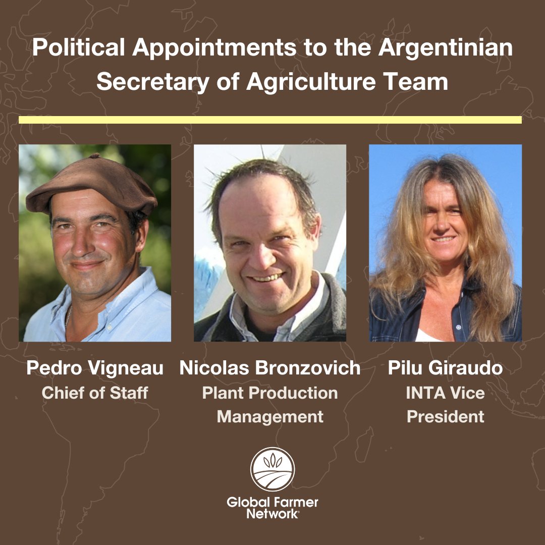 GlobalFarmerNet's tweet photo. Three of our own were recently appointed to Argentinian Secretary of Agriculture Fernando Vilella's team. Congratulations to @pedrovigneau, @NicoBronzo, and @PiluGiraudo. The work these three members will contribute in their positions will be incredible! 
#GFNMobilizing https://t.co/dwNGGE8elb
