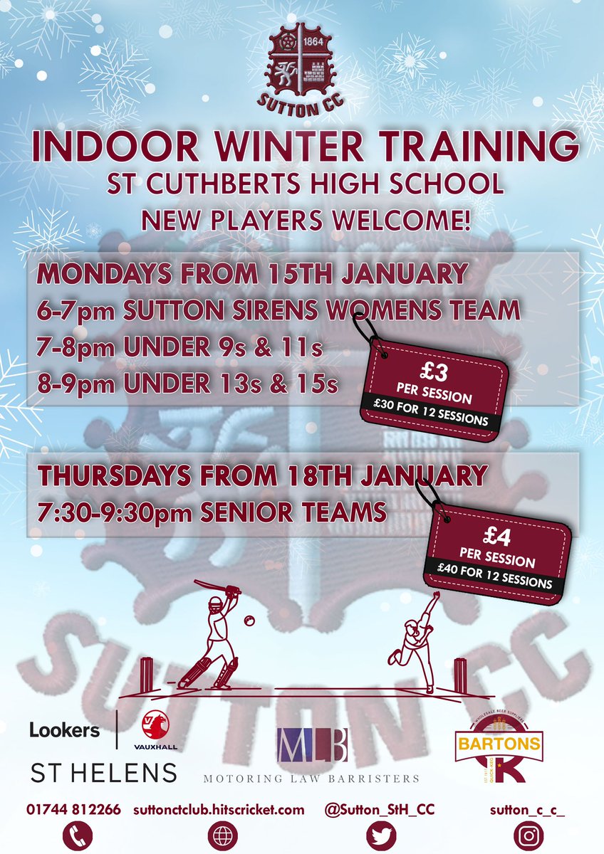 Sutton (St Helens) CC (@sutton_sth_cc) on Twitter photo A New Year means only one thing …. A start of a new cricket season.
<a href="/eavesprimary/">Eaves Primary School</a> <a href="/StAnnesRCSutton/">St Anne's Catholic Primary School, Sutton</a> <a href="/ThattoHeathPrim/">Thatto Heath Primary</a> <a href="/PrimaryManor/">Sutton Manor Primary School</a> <a href="/sttheresasRC/">St Theresa's Primary</a> <a href="/SuttonOakCofE/">Sutton Oak Church of England Primary School</a>
Please can you promote to your pupils over the next fortnight for anyone that may want to start playing cricket 🏏🏏 A New Year means only one thing …. A start of a new cricket season.
<a href="/eavesprimary/">Eaves Primary School</a> <a href="/StAnnesRCSutton/">St Anne's Catholic Primary School, Sutton</a> <a href="/ThattoHeathPrim/">Thatto Heath Primary</a> <a href="/PrimaryManor/">Sutton Manor Primary School</a> <a href="/sttheresasRC/">St Theresa's Primary</a> <a href="/SuttonOakCofE/">Sutton Oak Church of England Primary School</a>
Please can you promote to your pupils over the next fortnight for anyone that may want to start playing cricket 🏏🏏