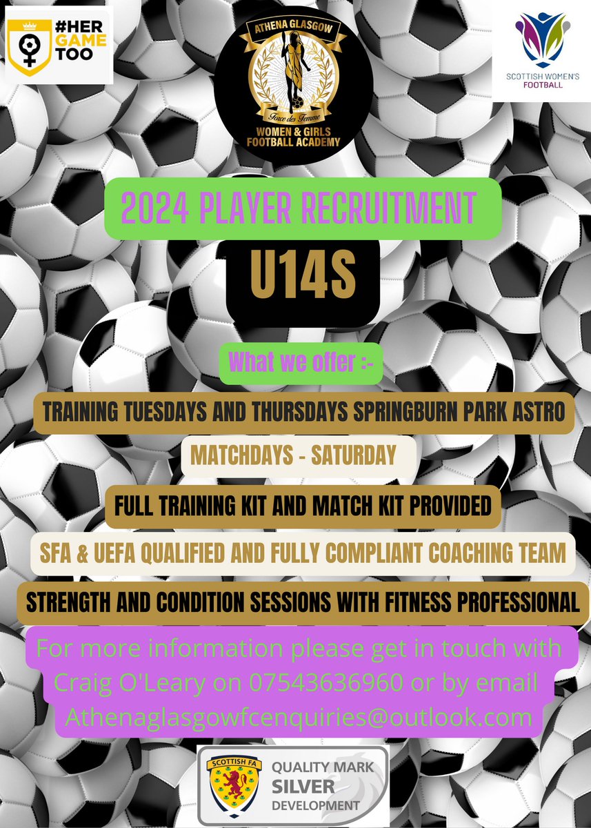 Our U14s are recruiting!!

Fantastic opportunity to come and join Team Athena!!

Uefa Qualified Coaching and most importantly a fantastic group of girls who love their football at Athena Glasgow!
To be part of it for season 2024 get in touch.

07543636960

⚽️⚽️⚽️⚽️⚽️