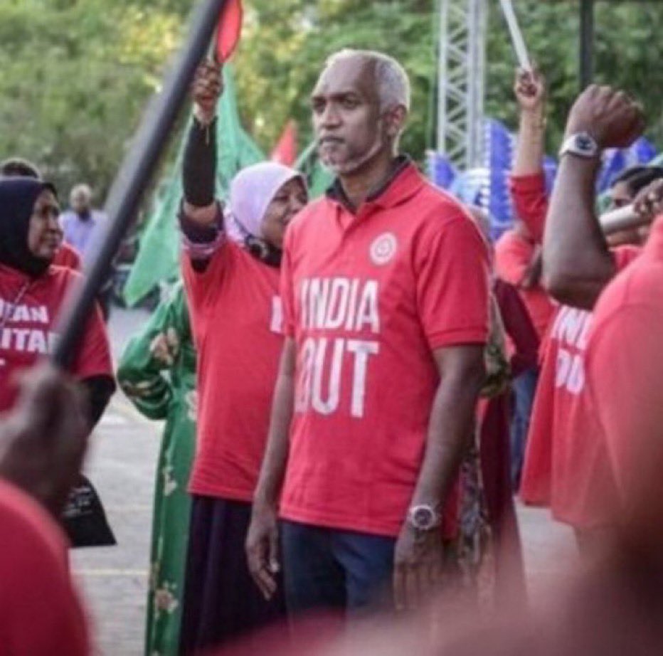 MrSinha_'s tweet image. The president of #Maldives used to wear  &quot;India out&quot; t-shirt during election campaign.

Imagine the impact if PM Modi just rt any tweet having #MaldivesOut hashtag in it.

Not to forget no Indian gvt official has spoken anything against them yet. Only twitter bashing till now..