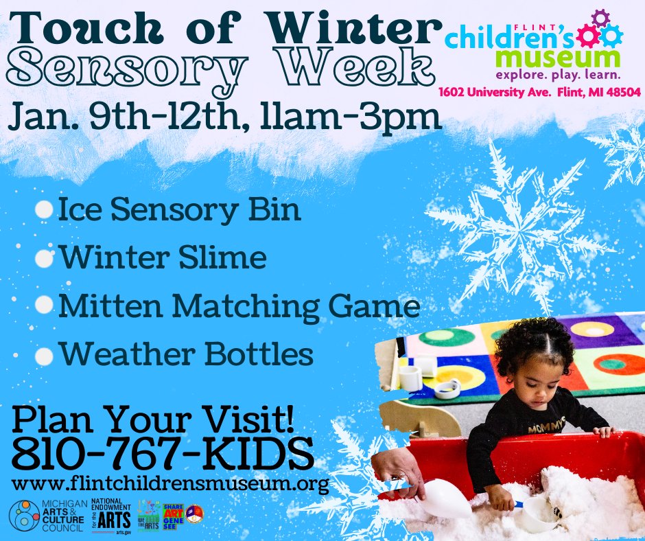 FlintChildrensM's tweet photo. Visit the FCM this week for a touch of winter, without the cold! Activities are included with admission or free for EBT/WIC families thanks to A.G. Bishop Trust!  #Familyevents #Activitiesforkids #sensory https://t.co/0GCc8gb2LK