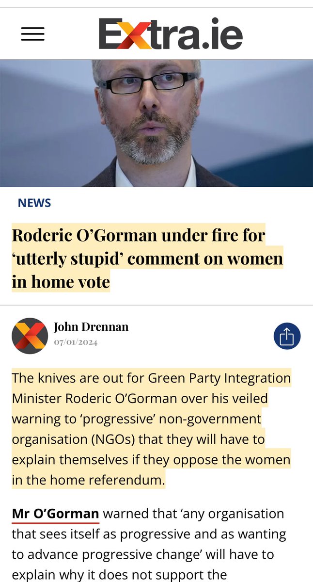 Niall_Boylan's tweet photo. Roderic O’Gorman is receiving strong condemnation for his ‘utterly stupid’ remark, where he implied that NGOs should endorse a “Yes” vote or provide a compelling reason not to, seen by some as a potential threat to funding. The irreversible impact of his statement has cast a shadow over the integrity of the upcoming referendum and it now can’t be unsaid.
