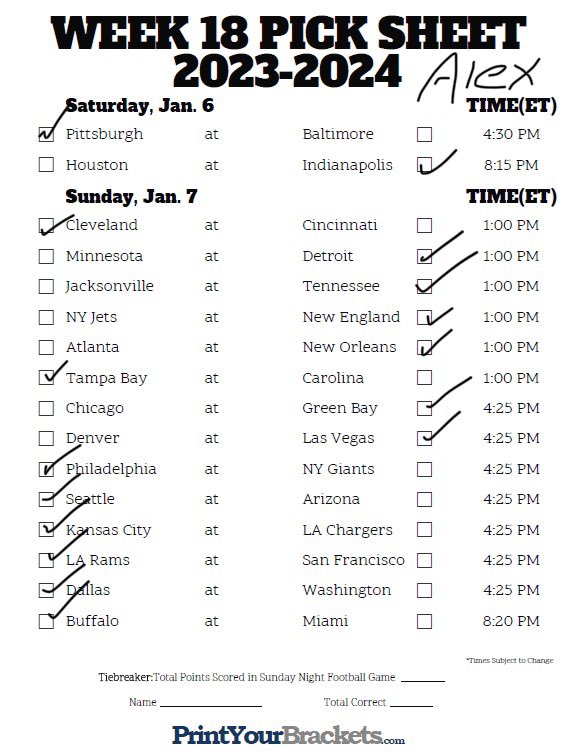 GymClassPod's tweet image. Last week of the #NFL Regular season! Here are our final predictions for the season with Week 18!

Alex: 98-58 (.628)
Robby: 87-69 (.558)