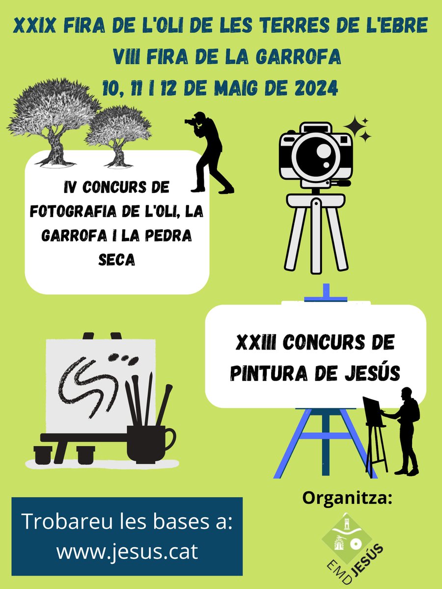 📸 “IV CONCURS DE FOTOGRAFIA DE L’OLI, LA GARROFA I LA PEDRA SECA” i el 🎨 “XXIII CONCURS DE PINTURA DE JESÚS”.
▶️ Trobareu les bases a jesus.cat
🫒XXIX Fira de l’Oli de les Terres de l’Ebre i VIII Fira de la Garrofa (10, 11 i 12 de maig). 
#somdeJesús