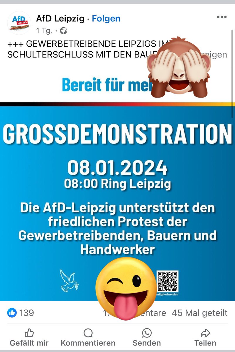 reclaimrosalux1's tweet photo. #le0801
die vorstellung, die nazis da aus dem protest zu boxen hält sich hartnäckig.
was dann aber irgendwie nicht passiert. man läuft zufällig am anderen ende der demo, hat keine nazis gesehen & opfert rum.
#noafd & fau rufen zur gleichen demo: https://t.co/jZGYDzBsyO
10/x https://t.co/qiPICBpEWx