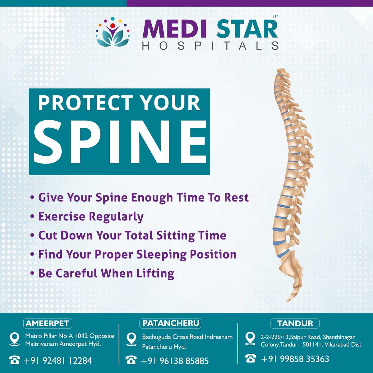 To protect the spine,  follow the steps, and stay healthy and strong.

#Medistarhospitals #Medistarhospitals1 #patancheruvu #Ameerpet #Tandur #Hyderabad #backpain #backpaintips #BackPainSolution #excersise #ProtectYourSpine