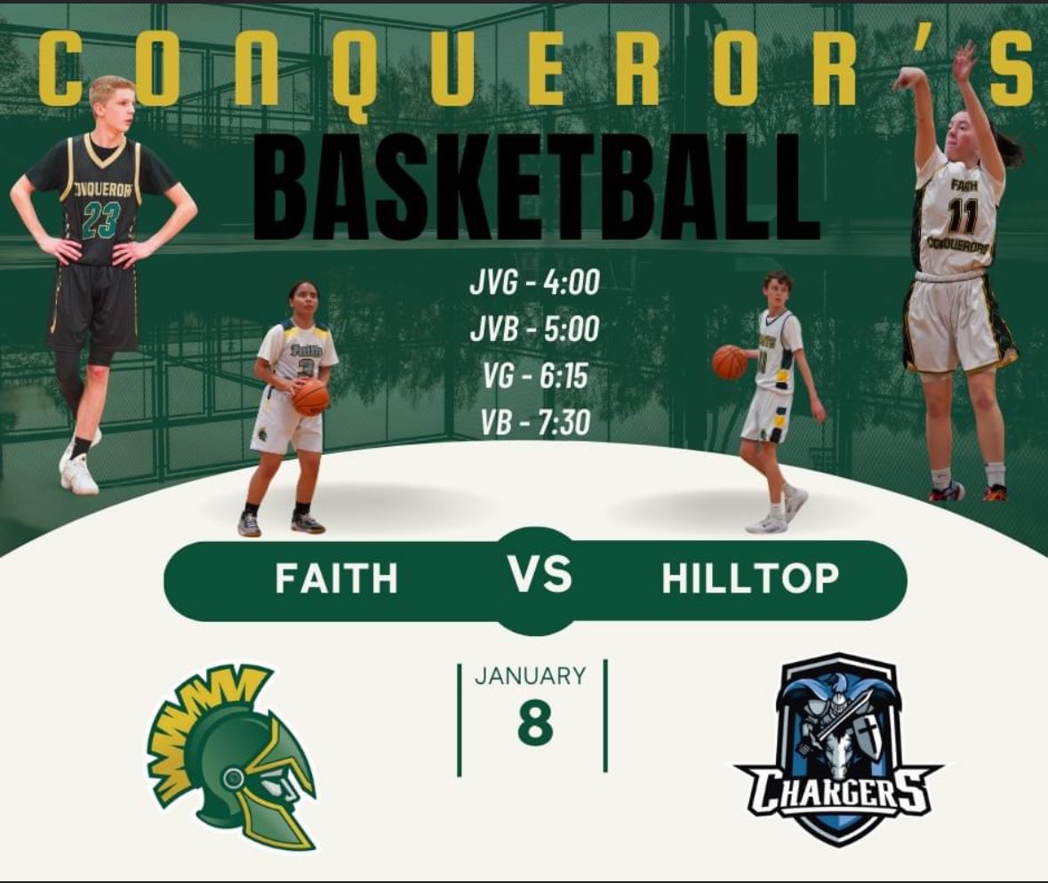 We have a home game on Monday as the Conquerors welcome the Chargers of Hilltop Christian. Four games are on slate with the JV girls starting at 4:00. Make plans to join us! GO CONQUERORS!