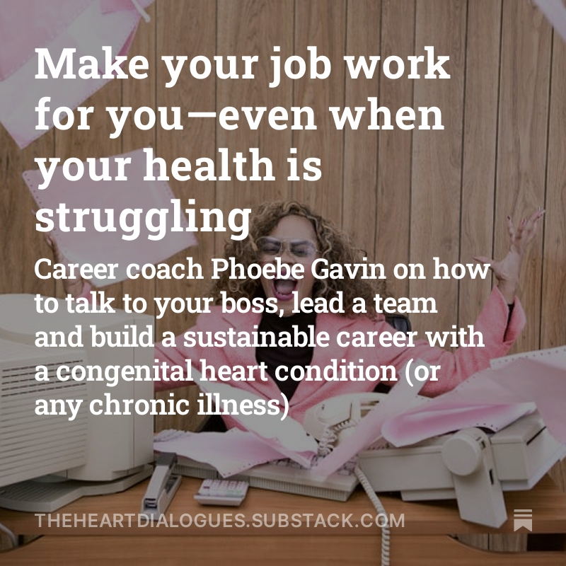 Navigating ongoing health issues on the job is a tricky balancing act. I spoke with career coach extraordinaire Phoebe Gavin (@betterwphoebe) for advice on getting the help you need from your boss, being a leader with chronic illness and much more. theheartdialogues.substack.com/p/congenital-h…