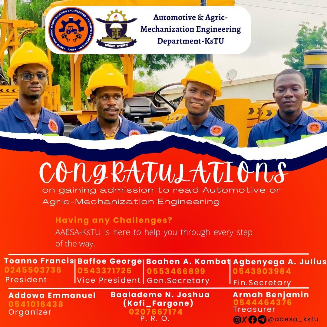 Kofi_fargone's tweet photo. @aaesa_kstu  Congratulations on your admission to read Automotive or Agric -Mechanization Engineering. https://t.co/x14inioCx6