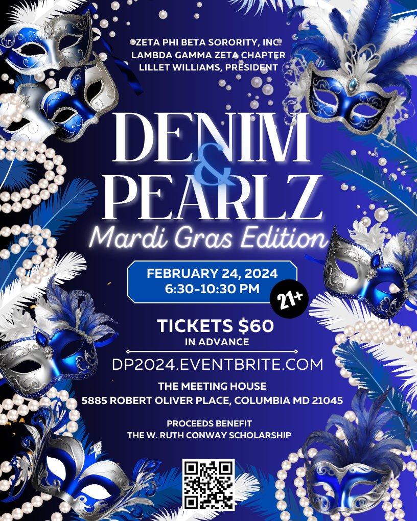 zphib_lgz's tweet photo. It's time to party with the ladies of #LGZHoCo, Mardi Gras Style!! Join us for our Annual Denim &amp; PearlZ party. 

https://t.co/cf2zXyEaME

Proceeds benefit the W. Ruth Conway Scholarship.

#ZPhiBMD #ZetaPhiBeta #Denim&amp;PearlZ #Scholarship https://t.co/hSiaoeZ2YB