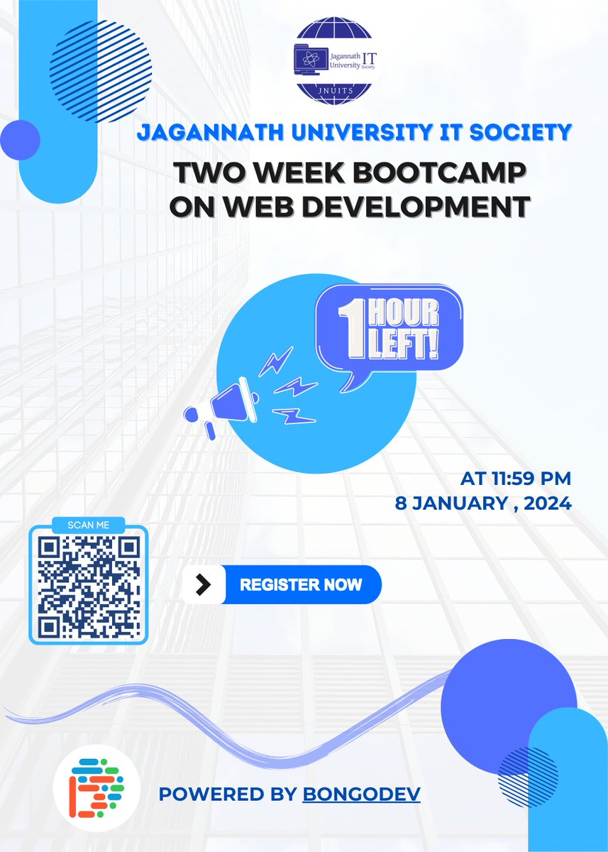 jnuits's tweet image. ⚡ Only 1 hour left! The clock is ticking for &quot;DevDash: JnUITS Web Development Bootcamp &amp;amp; Hackathon&quot; registration —completely FREE! 🖥️ #LastChance #DevDash #JnUITS

📌 Registration Link: [forms.gle/FQWNhvKZjge17H…]