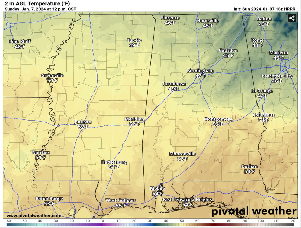 ALwxPlus's tweet image. Great Day everyone!

Skies will remain sunny with occasional cloud covers or two.

Temperatures are very pleasant across the state! Temperatures will range from the mid 40's in the Northern counties to about the mid 50's the farther South you are in the state.

#wxtwitter #ALwx
