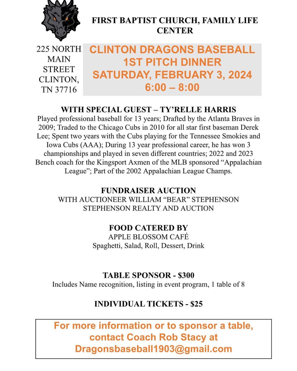 conardbr's tweet photo. First Pitch Dinner February 3rd.  If your a business and would want to sponsor a table please reach out to me and will get you signed up!  There will be a Silent Auction as well.  If you want to donate a table and not come we would love to donate that table to  Non profit org. https://t.co/8DiE9BbPzi