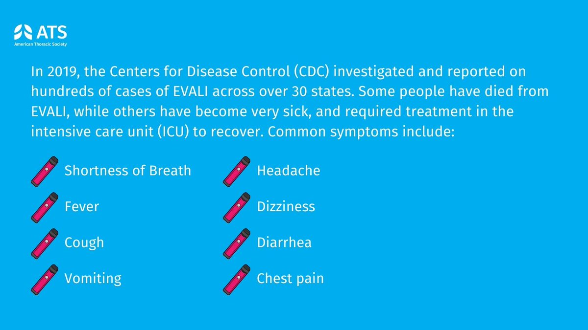 atscommunity's tweet photo. Have you heard of e-cigarette/vaping product-use associated lung injuries (EVALI)?🤔🫁There are many risks associated with vaping, regardless of the device used. Swipe👉 thru these excerpts from our Patient Fact Sheet on EVALI to learn more.

🔗Full sheet: https://t.co/H40UVPOGlr https://t.co/urLm9INoDO