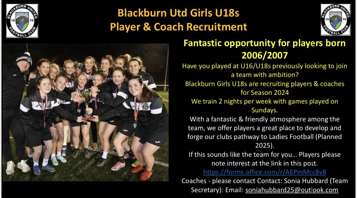 BBUG18s's tweet photo. ⚽️U18s PLAYER &amp; COACH RECRUITMENT POST⚽️

Blackburn Girls are recruiting for Season 24 and would love to hear from coaches &amp; players looking for a new challenge

Coaches - Pls DM or contact via the ad details

Players - pls note interest at the link below
https://t.co/JyEdHAq2G2 https://t.co/SPBYw0QUKA