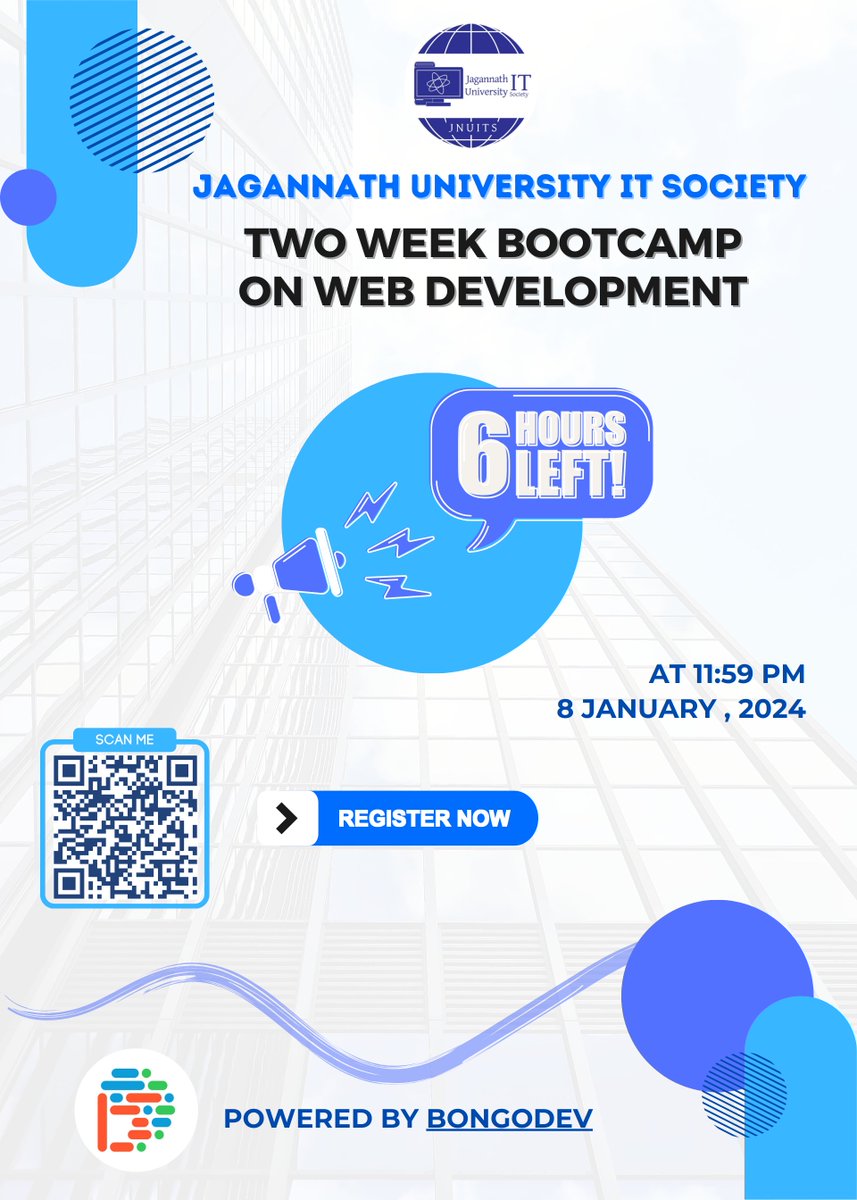 jnuits's tweet image. ⏰ Time is ticking! Only 6 hours left to register for &quot;DevDash: JnUITS Web Development Bootcamp &amp;amp; Hackathon.&quot; Hurry and claim your spot  in web development—absolutely FREE! 🚀 
#JnUITS #FinalCountdown #DevDash

📌 Registration Link: [forms.gle/FQWNhvKZjge17H…]