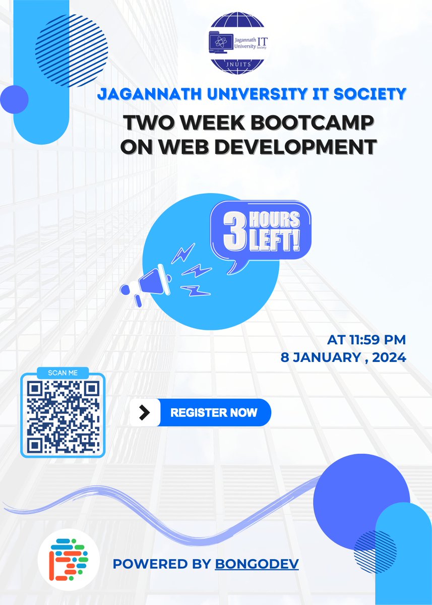 jnuits's tweet image. ⏰ Just 3 hours left to join the coding revolution! The countdown is on for &quot;DevDash: JnUITS Web Development Bootcamp &amp;amp; Hackathon.&quot; Don&apos;t let this opportunity slip away—register now for FREE! 🚀 #JnUITS #DevDash

📌 Registration Link: [forms.gle/FQWNhvKZjge17H…]
